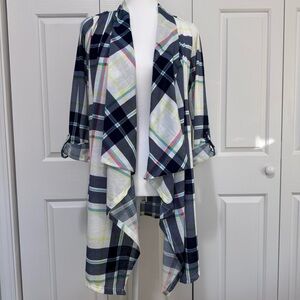 New York Laundry Plaid Open Front Long Drape Cardigan Roll Tab Long Sleeve Blue